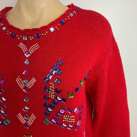 Vintage Joule Vintage Jeweled Sweater Women's Size M / L Bedazzled Christmas Red - Picture 2 of 15
